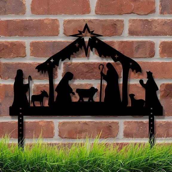 HELLOYOUNG Outdoor Christmas Nativity Scene Metal Projection Ornament, Sacred Night Garden Lawn Decoration with LED Light for Patio Yard, Weather-Resistant Iron Art