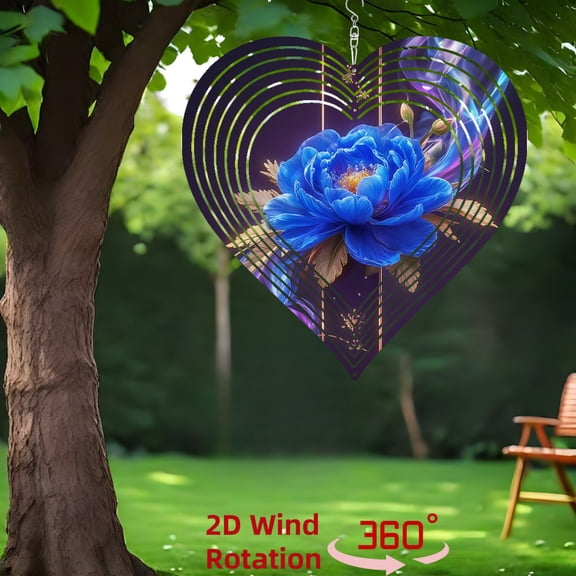 HELLOYOUNG Outdoor Wind Spinner 10 Inch Metal Wind Chimes, 360 Rotating Blades Dark Blue Peony, Soothing Wind Sound for Balcony Garden Decor, Rainbow Purple Pink Tones with Gold Accent