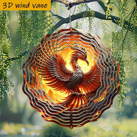 HELLOYOUNG Outdoor Wind Spinner, 3D Phoenix Metal Wind Chimes, 10 Inch Wrought Iron Pendant for Garden, 360 Swivel Eagle Wing Design, Gold Tone Ornament for Patio, Yard, Christmas Decor