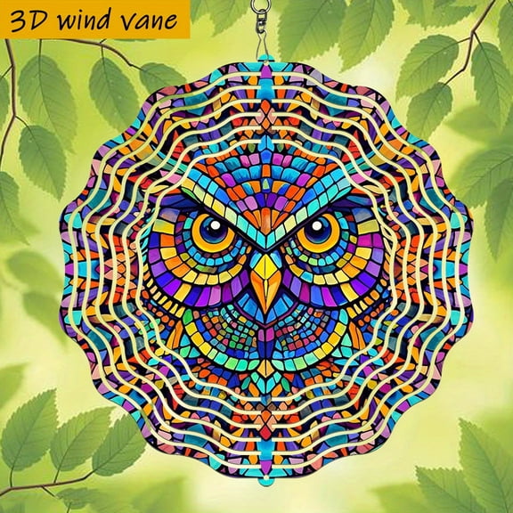 HELLOYOUNG Owl Wind Chimes Hanging Decor, 10 Inch Colorful Metal Wind Spinner 360 Rotating, Unique Outdoor Garden Art Gift for Christmas Halloween All Seasons