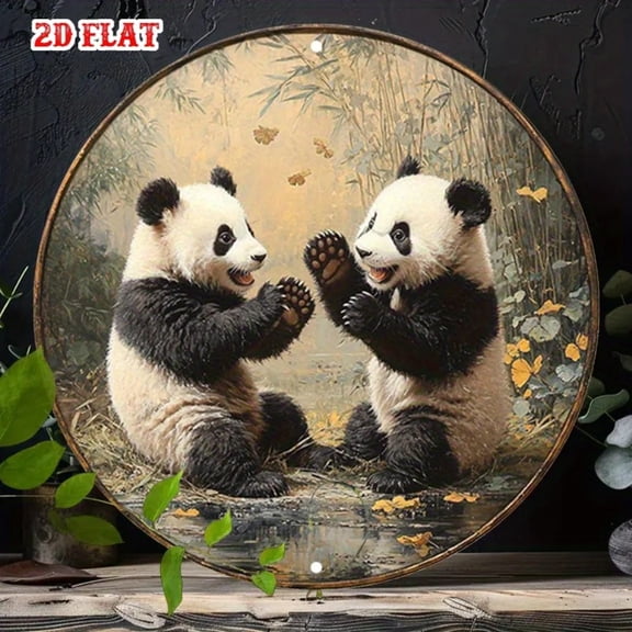 HELLOYOUNG Panda Metal Wall Art Bamboo Forest Round 7.87in Rustic Sign for Living Room Home Decor