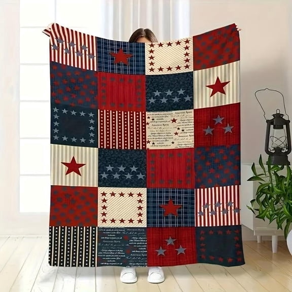 HELLOYOUNG Patriotic American Flag Blanket Soft Flannel Cozy Lightweight All Season Throw for Bed Sofa Camping Travel Holiday Gift Durable Polyester Modern Quilt Design Star Stripes