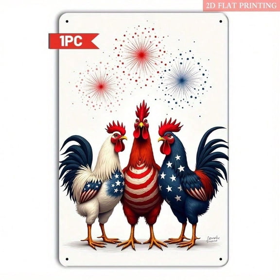 HELLOYOUNG Patriotic Rooster Iron Wall Art, Vintage Americana Farmhouse Decor, Red White Blue Fireworks Metal Sign, 8x12 Inch 2D Flat Hanging Plaque