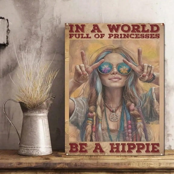 HELLOYOUNG Peace Sign Metal Wall Art, Boho Vintage Hippie Decor for Bars Cafes Home Offices, Frameless 12x16 Inches Canvas Painting Style, Perfect for Room Decoration