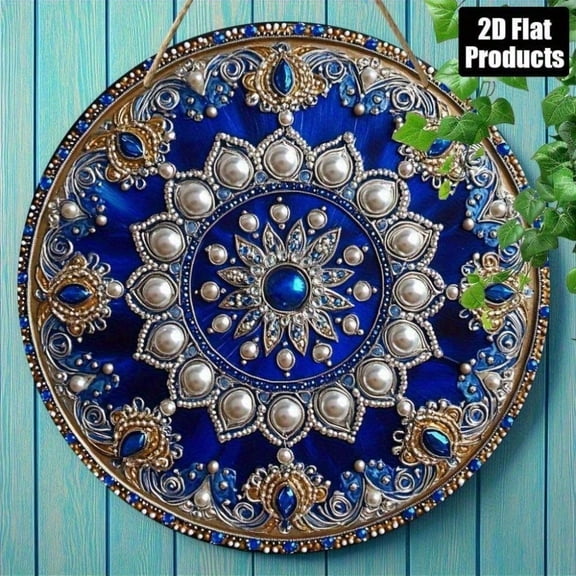 HELLOYOUNG Peacock Blue Silver Pearl Mandala Wooden Wall Decor, 8 Inch Handmade Round Art Plaque for Living Room Home