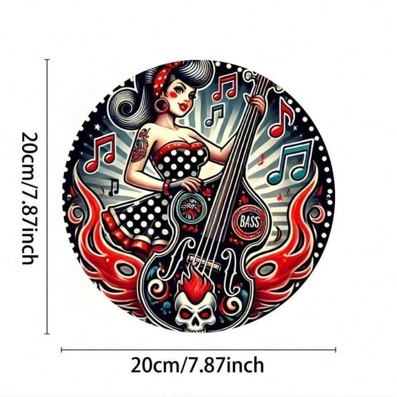 HELLOYOUNG Pin Up Girl Metal Wall Art 8x8 Inches, Retro Rockabilly Guitar Tin Sign, Vintage Kitchen Bar Decor, Home & Man Cave Wall Decor