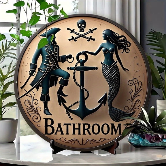HELLOYOUNG Pirate Mermaid Anchor Aluminum Metal Sign Retro Round Wall Art Decor for Home Bar Patio