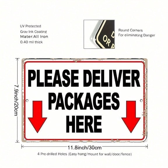 HELLOYOUNG Please Deliver Packages Here Sign with Downward Arrow 8x12 Inch Iron Wall-Mounted Address Plaque 2D Flat Decorative for Home Office Business Living Room Indoor