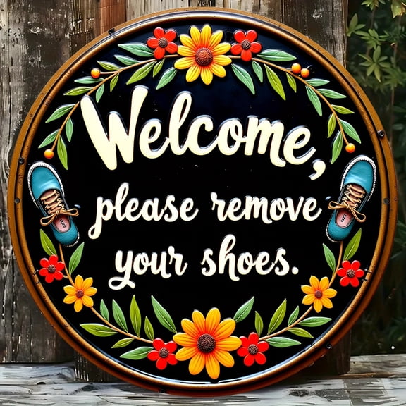 HELLOYOUNG "Please Take Off Your Shoes" Metal Sign 8"x8" Rustic Farmhouse Round Wall Decor, Durable Iron for Indoor/Outdoor Entryway