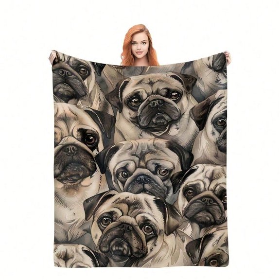 HELLOYOUNG Plush Flannel Blanket Soft Pet-Themed Throw, Lightweight All-Season Couch Bed Topper, Machine Washable Cozy Brown Pug Design Home Decor Gift