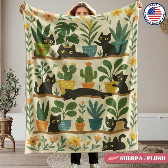 HELLOYOUNG Plush Flannel Throw Blanket Soft Cozy Cat Plant Print Lightweight All-Season Comforter for Couch Bed Travel Cat Lover Gift
