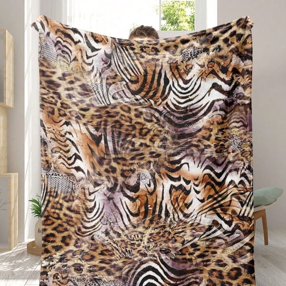 HELLOYOUNG Plush Throw Blanket Leopard Print Patchwork Flannel, Ultra-Soft Lightweight Cozy Decor for Couch Bed Travel, All-Season Warm Fuzzy Gift for Office Outdoor