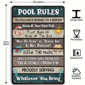 HELLOYOUNG Pool Rules Metal Sign 8x12 Inch, Swim At Your Own Risk, Lifeguard Probably on A Beer Run, Fun Wall Decor for Poolside Backyard Patio