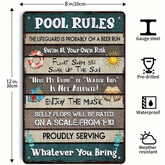 HELLOYOUNG Pool Rules Metal Sign 8x12 Inch, Swim At Your Own Risk, Lifeguard Probably on A Beer Run, Fun Wall Decor for Poolside Backyard Patio