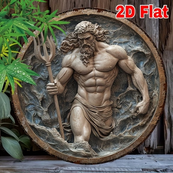 HELLOYOUNG Poseidon 2D Metal Sign Round Aluminum Logo Wall Art Plaque for Bedroom Home Coffee Bar Decor