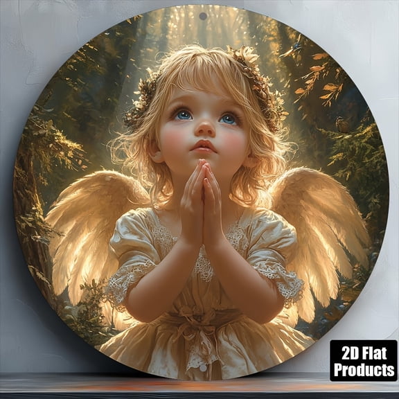 HELLOYOUNG Prayer Angel Metal Sign 8x8 Inch 2D Flat Round Aluminum Plaque Wall Decor for Kitchen Cafe Office Bar Holiday Gift Home