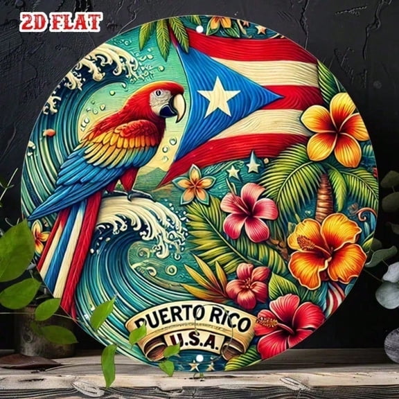 HELLOYOUNG Puerto Rico Wall Art Round Metal Sign Puerto Rican Flag Decor with Hibiscus Flower Spanish Text Boricua Themed Plaque for Home Colorful Wall Decor