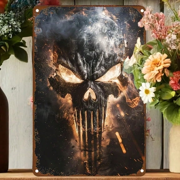 HELLOYOUNG Punisher Skull Metal Wall Decor 2D Flat Flame Design Plaque Bar Game Room Office Garage Sign 8x12 Inch Metal Sign