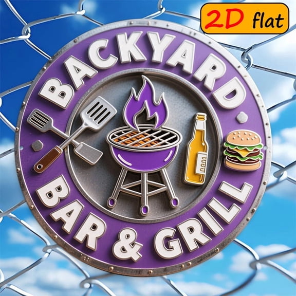 HELLOYOUNG Purple BBQ Party Sign 7.87x7.87 Inch Round Metal Tin Sign Outdoor Yard Art with Grill Beer Hamburger Decor