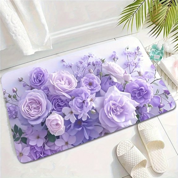 HELLOYOUNG Purple Floral Diatom Mud Mat, Non-Slip Absorbent Rug for Bathroom Kitchen Living Room, Soft Quick-Dry Floor Mat for Entryway Gym Outdoor