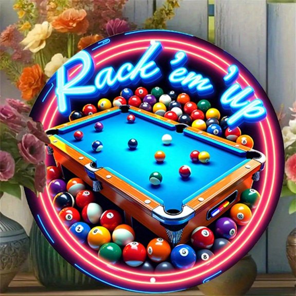 HELLOYOUNG Rack Em Up Pool Table Neon Sign 2D Rustic Metal Tin Wall Decor for Home Garage Man Cave Bar