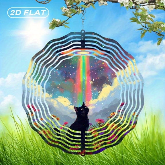 HELLOYOUNG Rainbow Cat UFO Wind Spinner Sun Catcher, 10 Inch 2D Metal Garden Decor with Stained Glass Style, Bohemian Patio Decor Weatherproof Rust Resistant Gift for Christmas Halloween Easter