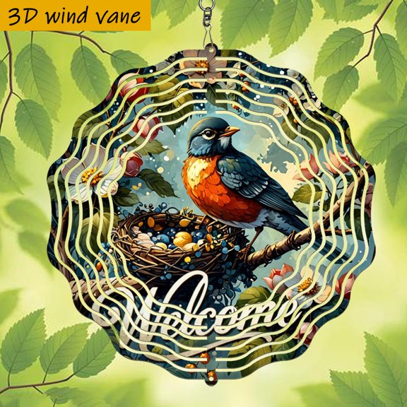 HELLOYOUNG Red-Breasted Bird Garden Statue 10x10in 360 Rotating Wind Spinner with Hook Outdoor Patio Hanging Decor No Power Needed Sun Catchers