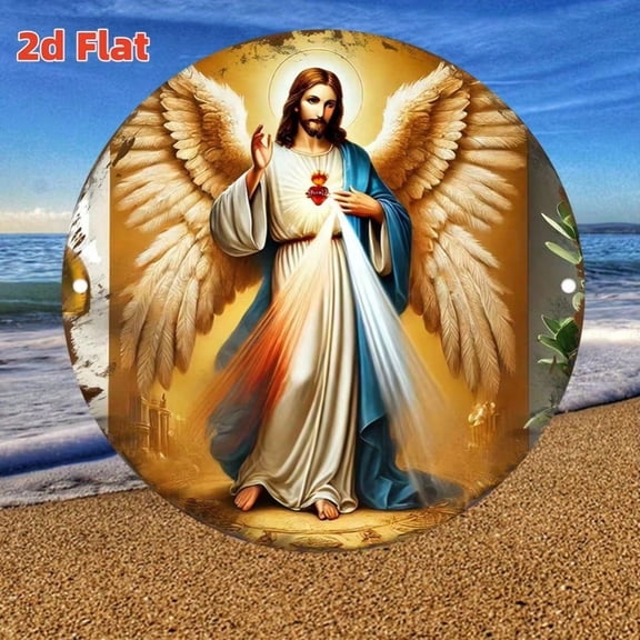 HELLOYOUNG Religious Aluminum Wall Art, Classical Sacred Heart Angel Metal Sign with Gold Accents, Easy To Hang 2D Decor for Home Office Church