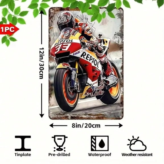 HELLOYOUNG Repsol Racing Emblem Pre-Drilled Tinplate Wall Art, Motorcycle-Inspired Weatherproof Metal Sign for Garage, Living Room, Man Cave & Halloween Decor