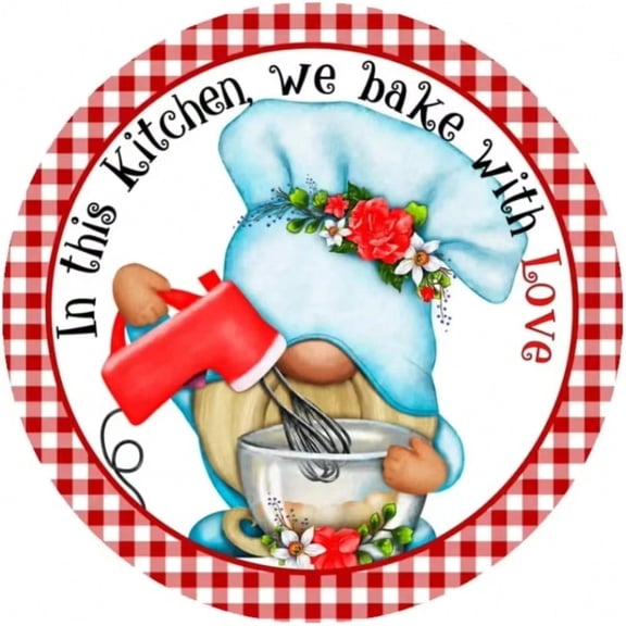 HELLOYOUNG Retro 12" Gnome Tin Sign "In The Kitchen We Bake with Love" Funny Wall Decor for Spring Summer Rustic Farmhouse