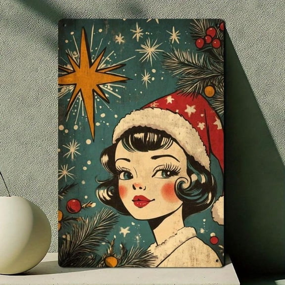 HELLOYOUNG Retro 1950s Metal Wall Art, Hand-Painted Turquoise & Red Christmas Sign with Woman & Holly, 12x8 Inch Durable Mid-Century Modern Decor for Home, Bar, Man Cave, Easy To Hang