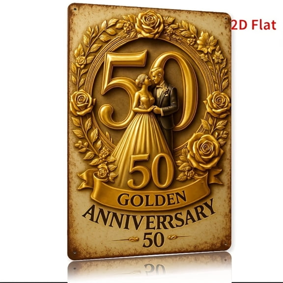 HELLOYOUNG Retro 2D Flat Iron Wall Sign 50th Golden Wedding Anniversary Decor Metal Art Plaque 20.32x30.48 Cm for Home Garden Cafe Garage