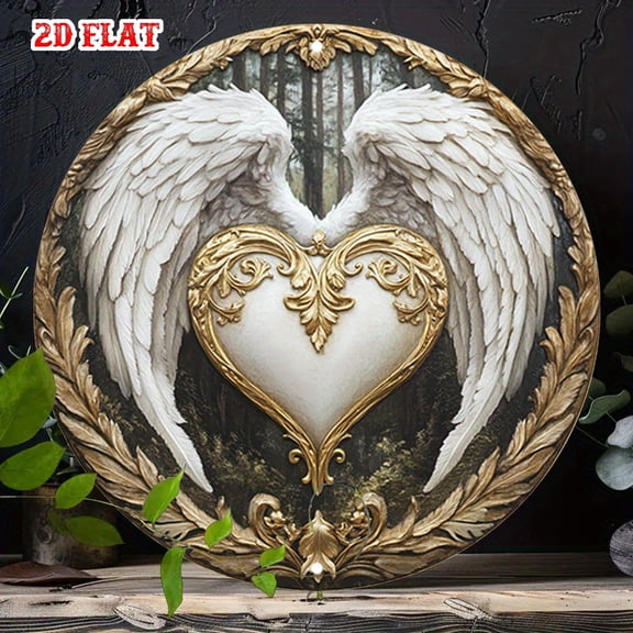 HELLOYOUNG Retro 2D Tin Sign with Wings Heart, Vintage Circular Metal Plaque for Beach House Backyard Wall Decor, Gift Idea Vintage Artwork