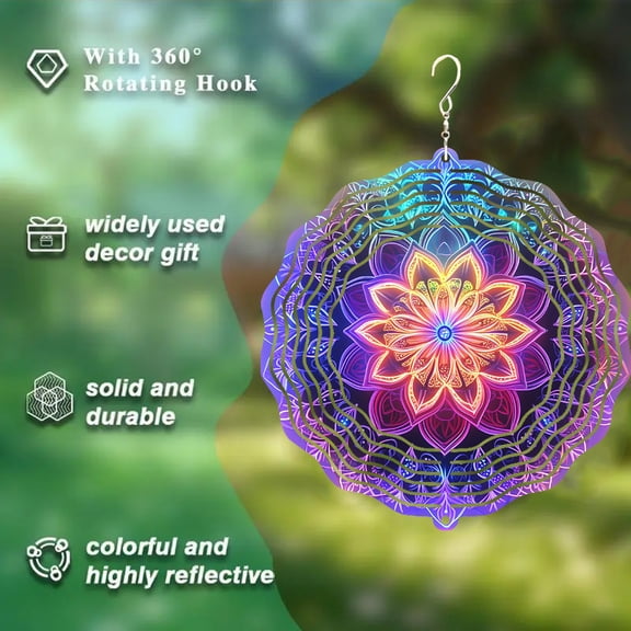 HELLOYOUNG Retro 3D Mandala Lotus Spinner Wind Chime 360 Swivel Hook Iron  Sun Catcher Color Atmosphere Pendant Metal Outdoor Garden Decor Gift for Patio