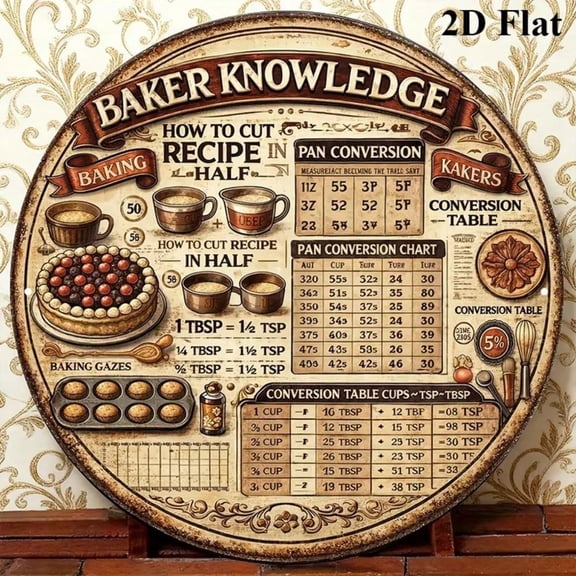 HELLOYOUNG Retro 8"x8" Round Aluminum Baking Conversion Chart Sign, Kitchen Recipe Wall Decor For Coffee Shop Bakery Aluminum Painted Decorative Board Sign