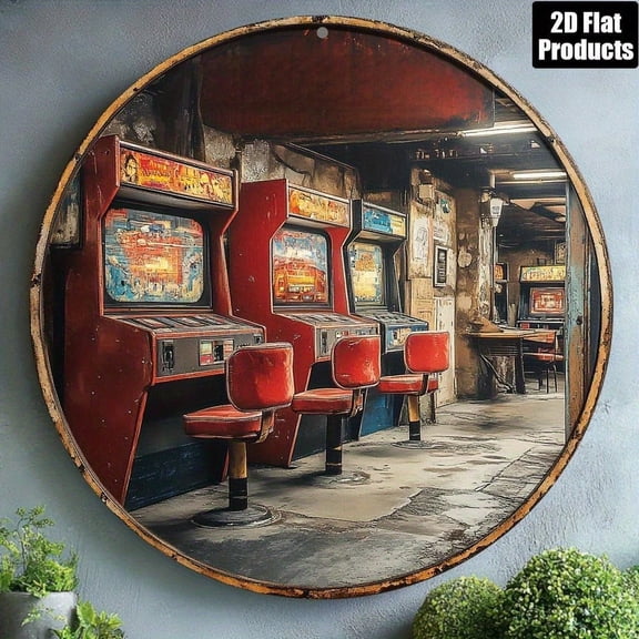 HELLOYOUNG Retro Arcade Video Game Tin Sign Round Red Metal Wall Art Decor 8 Inch