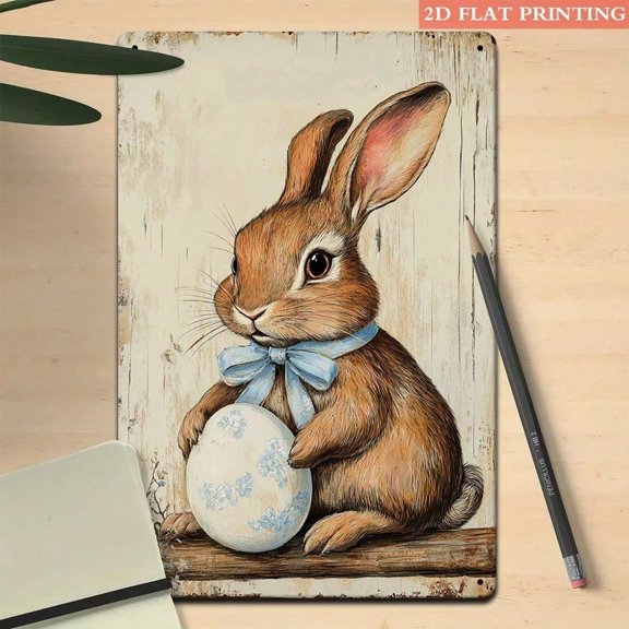 HELLOYOUNG Retro Bunny Rabbit Tin Sign 7.87x11.81 Inch Metal Wall Art Easter Decor for Living Room Farmhouse