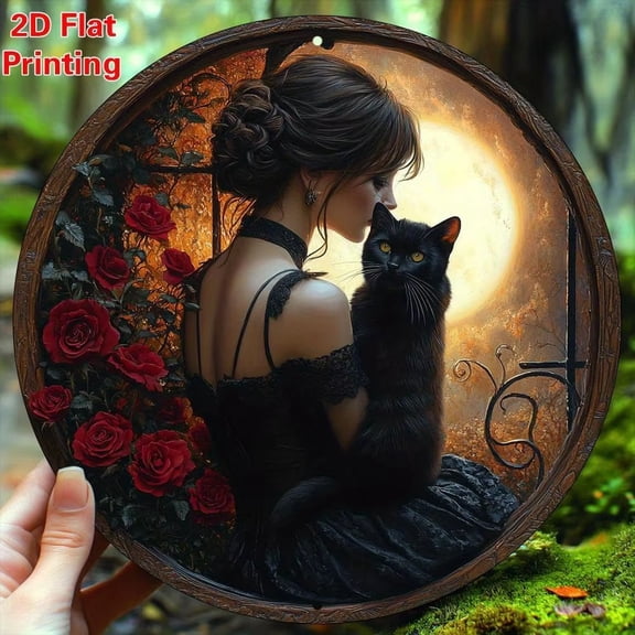 HELLOYOUNG Retro Cat Wall Decor Aluminum Round Art, Boho Floral Metal Tin Sign for Living Room Kitchen Office Home Bar Vintage Decoration