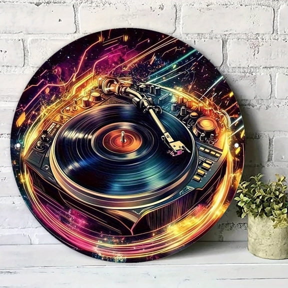 HELLOYOUNG Retro Circular Aluminum Sign 20cm Vintage Metal Music Wall Decor Holographic Vinyl Record Art for Bedroom Living Room Bar