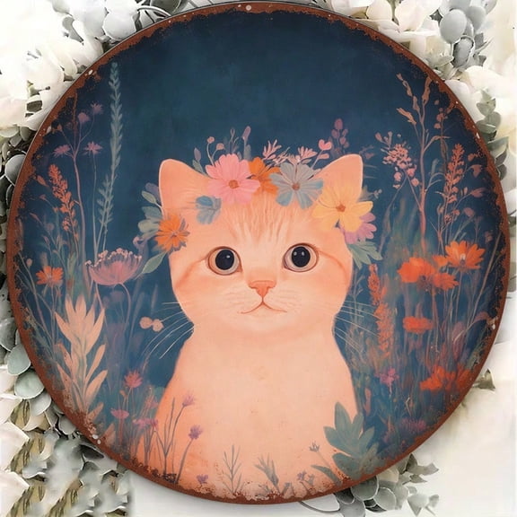 HELLOYOUNG Retro Cute Cat Wreath Sign 8x8in Round Wall Art, 2D Flat Vintage Plaque Decor for Cafe Bedroom Study, Farmhouse Animal Home Accent
