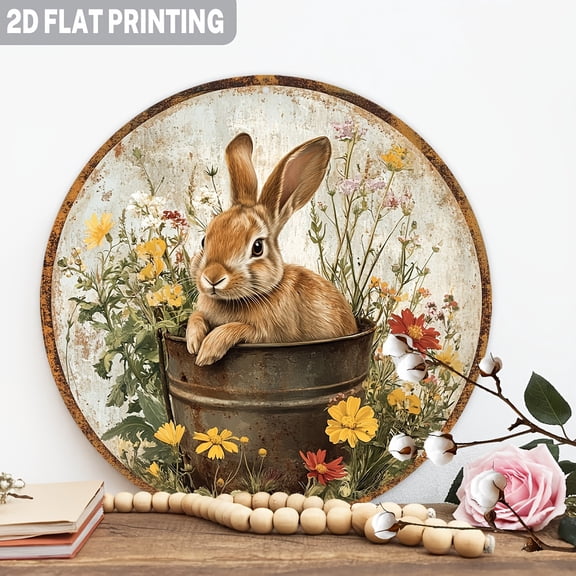 HELLOYOUNG Retro Easter Bunny Metal Sign Round Wall Art Spring Garden Decor Cute Rabbit Animal Aluminum Hanging Plaque for Living Room Bedroom