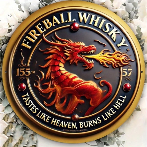 HELLOYOUNG Retro Fireball Whiskey Dragon Emblem Aluminum Wall Art 8x8 Inch 2D Flat Golden Accents Easy Hang Decorative Sign for Enthusiasts