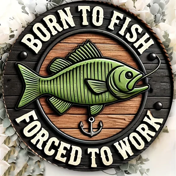 HELLOYOUNG Retro Fishing Wall Sign: Fishing Enthusiast, Trapped by Reality 8 x 8 Inch Round Metal Ornament with Big-mouthed Bass and Anchor