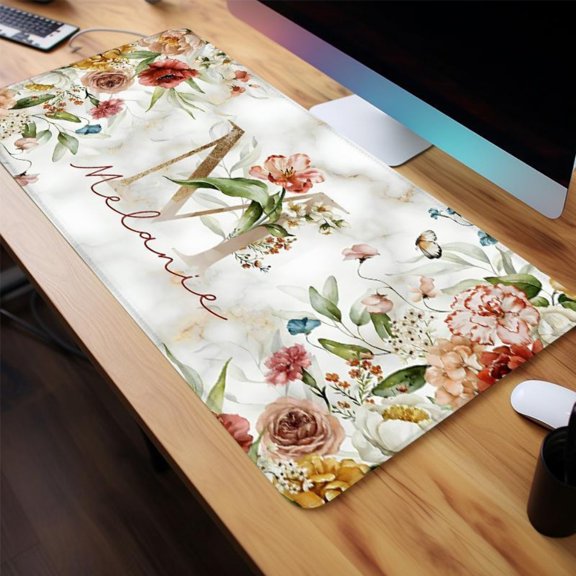 HELLOYOUNG Retro Floral Letter Pattern Gaming Mouse Pad, Non-Slip Rubber Base Stitched Edge Desk Mat for Office Home Game Room