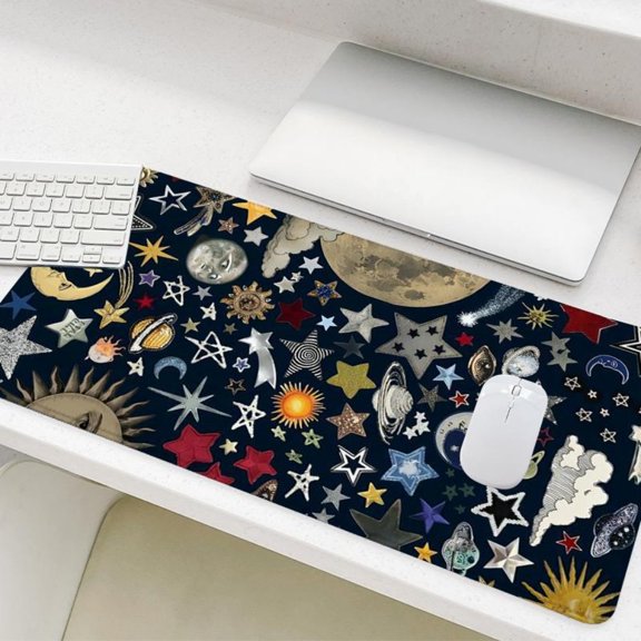 HELLOYOUNG Retro Gaming Mouse Pad, Starry Sky Pattern Rectangular Desk Mat, Non-Slip Rubber Base Stitched Edge for Office & Game Room