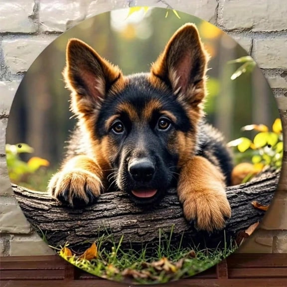 HELLOYOUNG Retro German Shepherd Dog Metal Wall Art, 8x8 Inch Round 2D Sign, Waterproof Forest Scene with Fall Leaves for Home Decoration