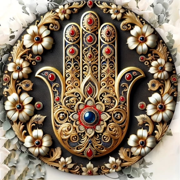 HELLOYOUNG Retro Hamsa Hand Metal Wall Art, 2D Round Logo Sign for Party, Family, Coffee Shop Home Decor