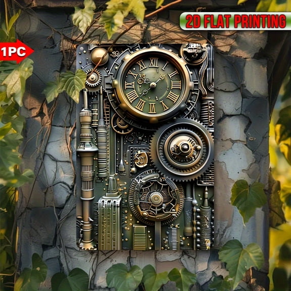 HELLOYOUNG Retro Iron Steampunk Wall Art 2D Clock Gear Decor Vintage Hanging UV Print for Home Kitchen Bedroom 7.9x11.8in