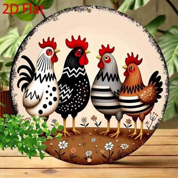 HELLOYOUNG Retro Metal Rooster Wall Art Round 8x8 Inch Chicken Plaques & Signs for Kitchen Garden Bar Cafe Home Decor