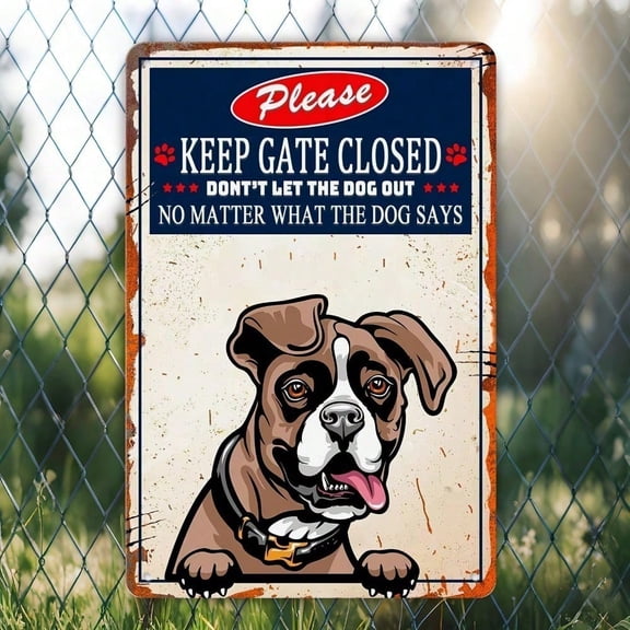 HELLOYOUNG Retro Metal Sign Boxer Dog Keep Gate Closed Funny Outdoor Yard Decor Vintage Home Garden Warning Plaque 2D Flat Front Door